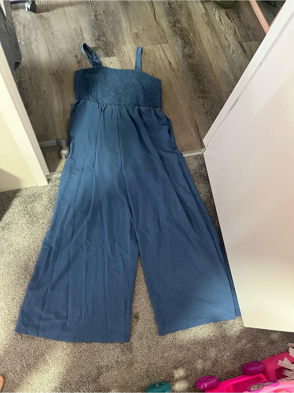 Smocked Wide-Leg Blue Sleeveless Tank Style Jumpsuit with Pockets